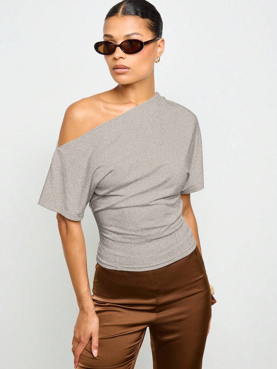 AiiRZ 露肩不对称 T 恤，腰部褶饰短袖休闲夏季上衣秋季春季基本款现代 - 灰色 - 查看 1