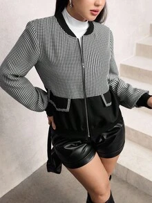 SHEIN Lacomfia Giacca casual versatile con chiusura lampo e blocchi di colore a quadri per donna - Bianco e nero - Visualizzare 5