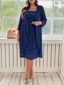 Ellevyn Conjunto elegante de chaqueta de manga 3/4 de frente abierto y vestido con tirantes gruesos para mujer de talla grande de unicolor - Azul Marino - Ver 7