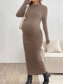 SHEIN 孕妇纯色圆领修身优雅长袖连衣裙 - 卡其色 - 查看 5