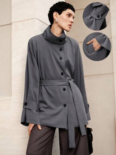 Uhlyne معطف ترينش رمادي فضفاض بخصر مربوط من موضة الخريف للنساء، مناسب للعمل والتنقل والملابس الرسمية الكاجوال