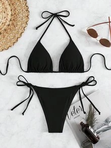 Swim Basics Summer Beach Halter Triangle Tie Side Bikini Set