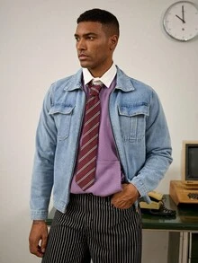 RivetRise Casual Faded Washed Blue Fitted Denim Jacket With Large Pockets, Spring/Autumn