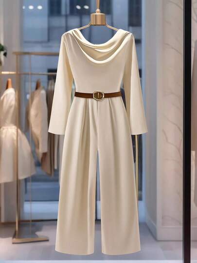 SHEIN Clasi Women's Elegant High-End Plunging Neck Cinched Waist Satin Jumpsuit, Flattering Fit, Suitable For Daily Occasions And Gatherings, Autumn  New Year , Women Autumn Winter  Maija Fall Winter 2025 Women Maija