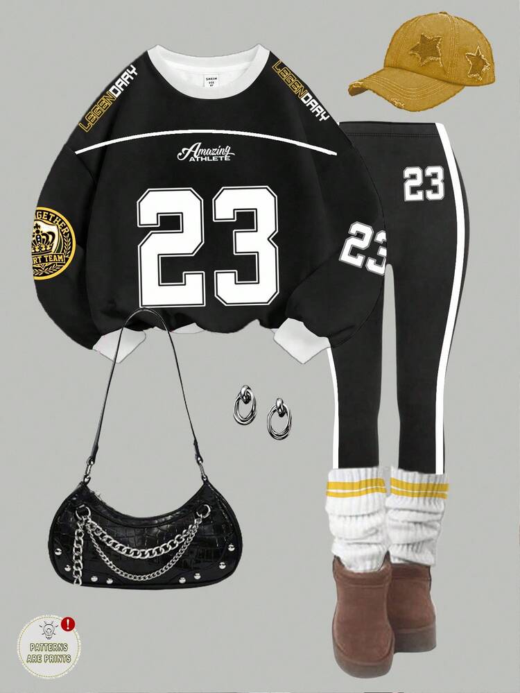 2pcs/Set Tween Girls Casual Minimalist 23 Graphic Print, Fashion Jersey Style, Collegiate, Street Chic, Back To School, Comfortable Long Sleeve Sweatshirt And Leggings Set