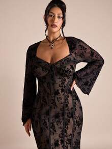 SHEIN BAE Plus Size Women's Black Jacquard Formal Evening Dress,Elegant Autumn Long Sleeve Corset Dress For Party & ,Halloween Birthday Concert Outfits - Black - View 5