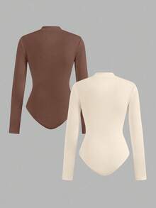 SHEIN EZwear 2 件女式小马印花拉链高领紧身衣套装，休闲长袖紧身衣，适合秋冬季 - 彩色 - 查看 2