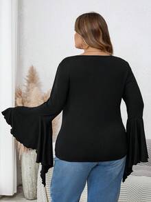 SHEIN CURVE+ Plus-Size Women's Black Long-Sleeved Flared-Sleeve Fitted Top, Dark Style/Fall/Winter - Black - View 6