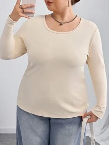 SHEIN CURVE+ Maglietta casual a girocollo oversize, tinta unita, adatta a ogni occasione - Albicocca - Visualizzare 6