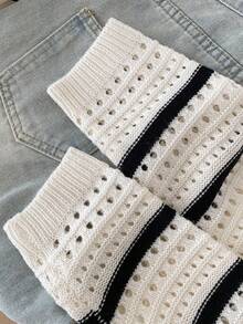 SHEIN Fashionable & Versatile Cute Round Neck Pullover Sweater For Girls Girl Knit Sweater Girls Sweater Sets Knit Sweater Striped Knit Sweater Girl Striped Sweater Fall Winter - Beige - View 6