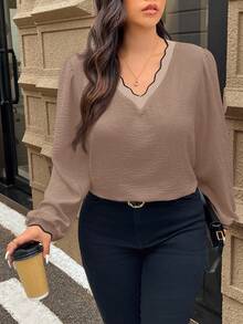 SHEIN Frenchy 秋季大码拼色长袖衬衫 - 卡其色 - 查看 6