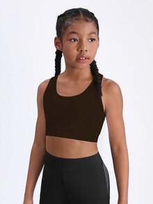 SHEIN Girls' Brown Sports Bra Sleeveless Scoop Neck Crop Top For Tweens Comfortable And High Elastic Fabric For Activewear - Brown - View 4