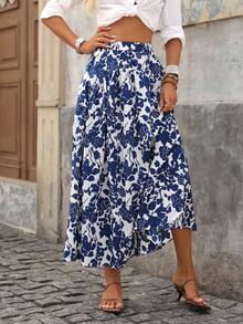 Brillora Falda de verano con estampado floral y dobladillo con volantes - Azul y blanco - Ver 6