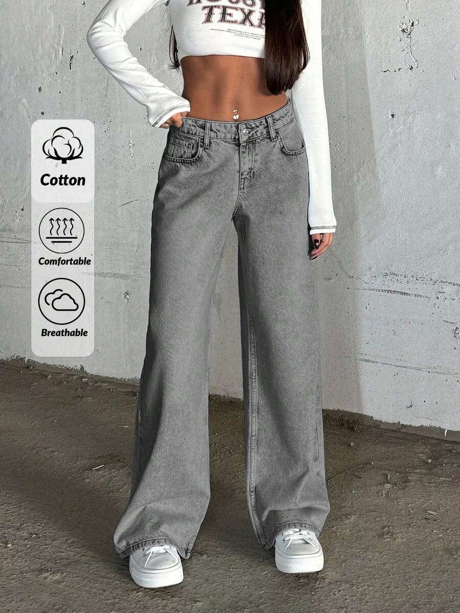 SHEIN Cottnline LOW RISE WIDELEG LIGHT BLUE PINKY JEAN - Grey - View 1