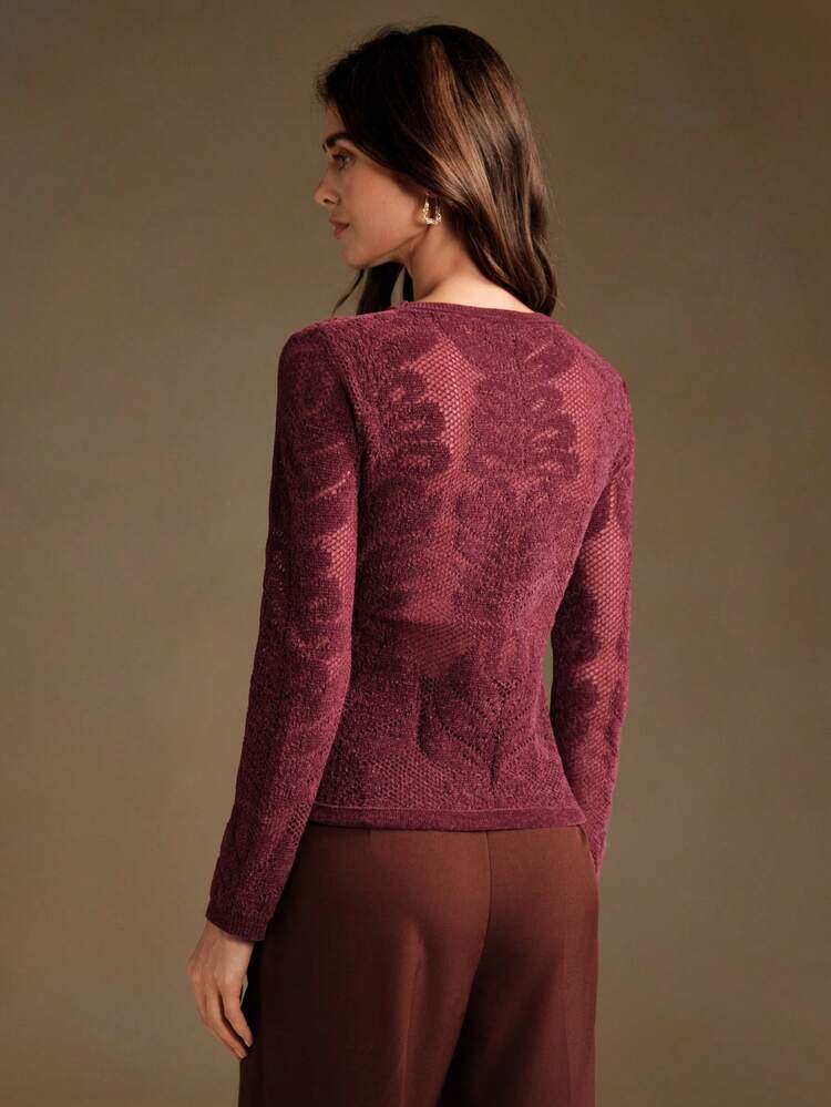 Petite Women Crew Neck Chenille & Organza Jacquard Fitted Versatile Top, Autumn/Winter