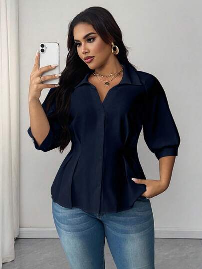 Maweii 大码纯色领口褶饰腰部优雅衬衫