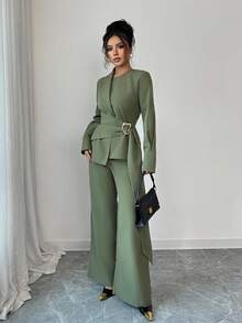 Elenzga Bộ 2 món áo và quần dài tay dài thời trang đơn giản, nhiều màu sắc, thoải mái dành cho nữ - xanh quân đội - Xem 6