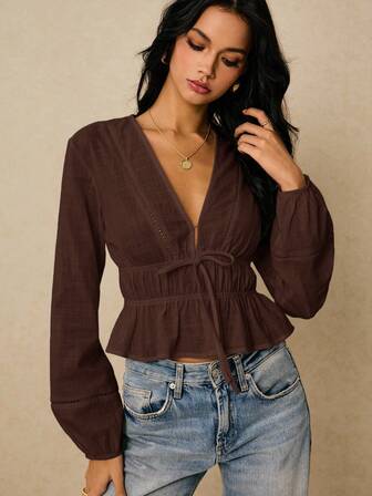 Poéselle Women's Casual Commuter Simple Solid V-Neck Lantern Sleeve Knot Front Cropped Top, Spring/Autumn