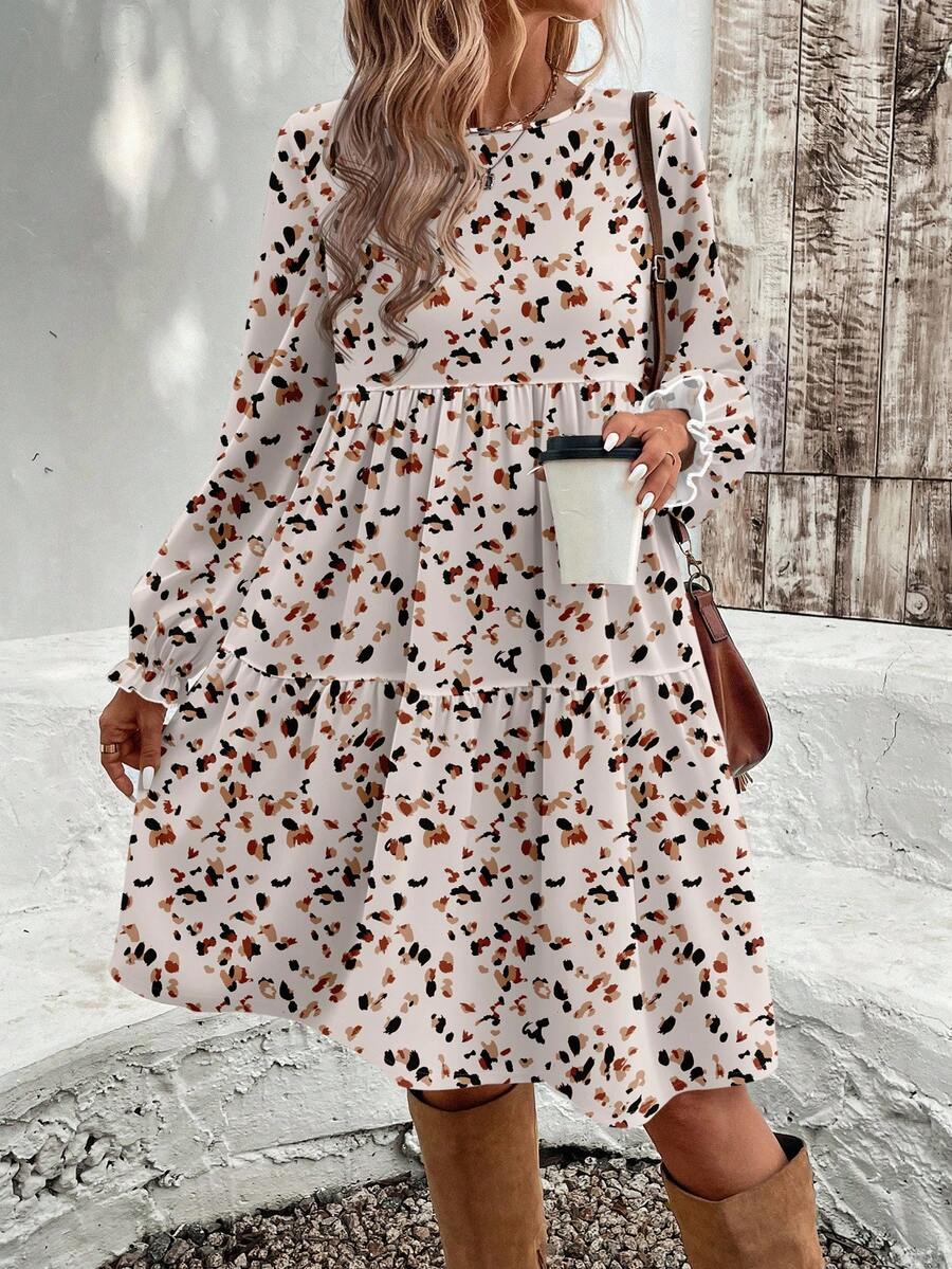 EMERY ROSE Plus Size Casual Ditsy Floral Loose Fit Round Neck Dress, Suitable For Autumn/Winter - Apricot - View 1