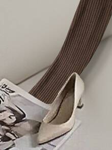 Franclia 女士条纹纹理优雅圆领中长连衣裙 - 棕色 - 查看 6