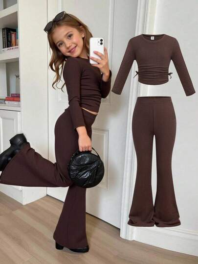 SHEIN Young Girls Young Girl Young Girl Solid Coffee Textured Knit Side Ruched Long Sleeves Snug Fit Top And Flare Leg Pant 2 Pieces Set,Mom And Daughter & Sisters Matching Style ,Matching Family Vacation , Holidays, French,Cute & Elegant & Sweet & Vintage & Fashionable.Great For Casual & Daily Wear & School Daily.For Christmas.Brown,Halloween.Family Vocation. Fall Winter