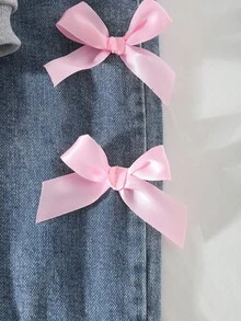 SHEIN 2 件套幼儿女童休闲可爱蝴蝶结圆领插肩袖运动衫和松紧腰宽松直筒牛仔裤，返校装，适合春季、秋季 - 灰色 - 查看 4