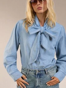 Avantive Denim Tops For Women Bow Shirt Denim Shirt Tie Neck Denim Top Fall Clothes For Women Halloween Winter Clothes Elegant Women's Blouses Dress Shirt Women's Formal Wear Chic Top Women's Blouse Casual Blouses For Ladies Teacher Outfits For Women Back To School Vacation Outfits Woman Office Outfits For Women Work Outfits For Women Social Blouse Bohemian Church Outfits For Women Women's Long Sleeve Blouses Going Out Top Farm Autumn Clothes Fall Clothes For Women - Light Wash - View 1