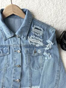 Elamini 休閒洗舊削邊短身牛仔夾克 - 淺色水洗藍 - 查看 5