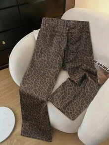 Qadelle Women's Leopard Print Straight Leg Jeans, Streetwear, Y2K Style - Multicolor - View 2