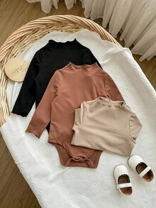 SHEIN 3件套女婴休闲可爱纯色长袖连体衣 - 黑色 - 查看 5