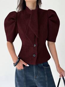 Aloruh Chaqueta de lana de manga corta de unicolor y estilo retro para mujer en otoño/invierno - Burdeos - Ver 5
