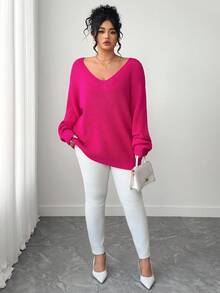 SHEIN Tall CURVE 大码休闲 V 领插肩长袖套头衫 - 玫紅色 - 查看 3