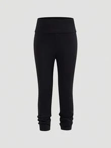 Young Girls Casual Versatile Comfortable Letter & Graphic Print Solid Color Leggings - Black - View 2
