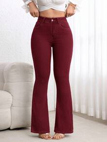 EMERY ROSE Quần jeans ống loe cạp cao giặt thường ngày cỡ lớn - Màu Đỏ Sâu - Xem 7