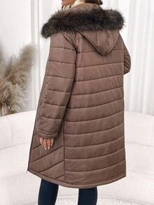 SHEIN Clasi معطف نسائي أنيق بغطاء رأس مبطن بنمط السمكة الهرنجية، معطف مبطن متوسط الطول للخريف/الشتاء - بني فاتح - مشاهدة 2