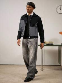 Manfinity Homme Áo khoác denim rách chắp vá màu xám và đen tương phản phong cách đường phố giản dị, mùa thu/xuân - Nhiều màu - Xem 2