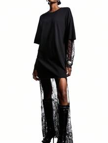 LYSMO Vestido largo holgado con cuello redondo y encaje de contraste para mujer