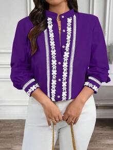 EMERY ROSE Plus Size Contrast Color Trim Collar & Cuff Casual/Work Wear Long Sleeve Shirt - Purple - View 5