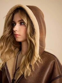 ROMWE EDITION Hippie Vintage Hooded Faux Fur Lamb Wool Soft Faux Fur Women Jacket - Coffee Brown - View 8
