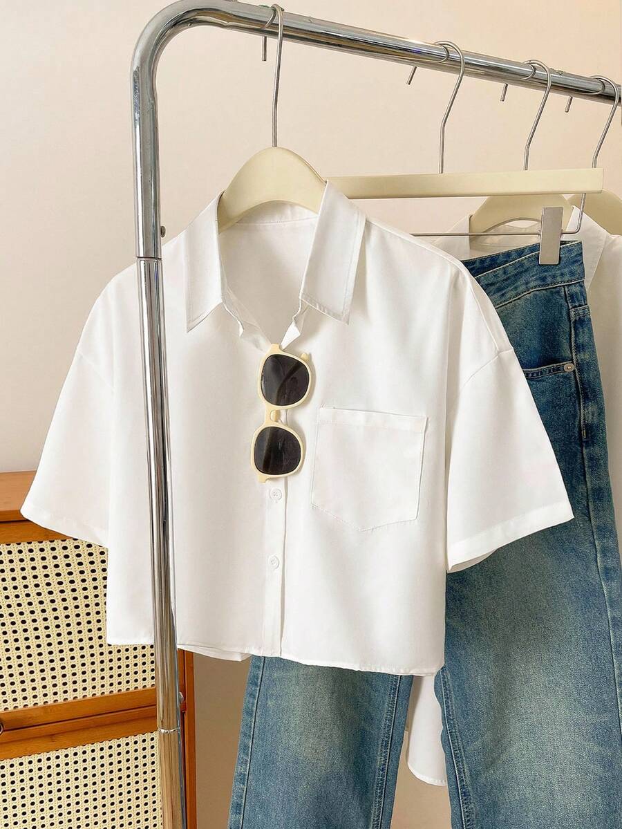 INAWLY 女式纯色短袖单排扣休闲衬衫 - 白色 - 查看 1