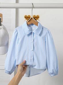 SHEIN Elladie kids 女童休闲经典蓝白条纹梭织衬衫，后背饰有可爱蝴蝶结，宽松舒适，适合春、夏、秋季日常穿着、户外活动、派对、拍照等场合。 - 藍色 - 查看 2