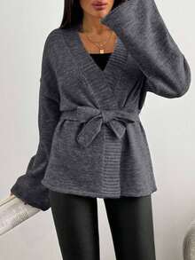 EURMUSE 秋冬休闲纯色落肩宽松开衫配腰带