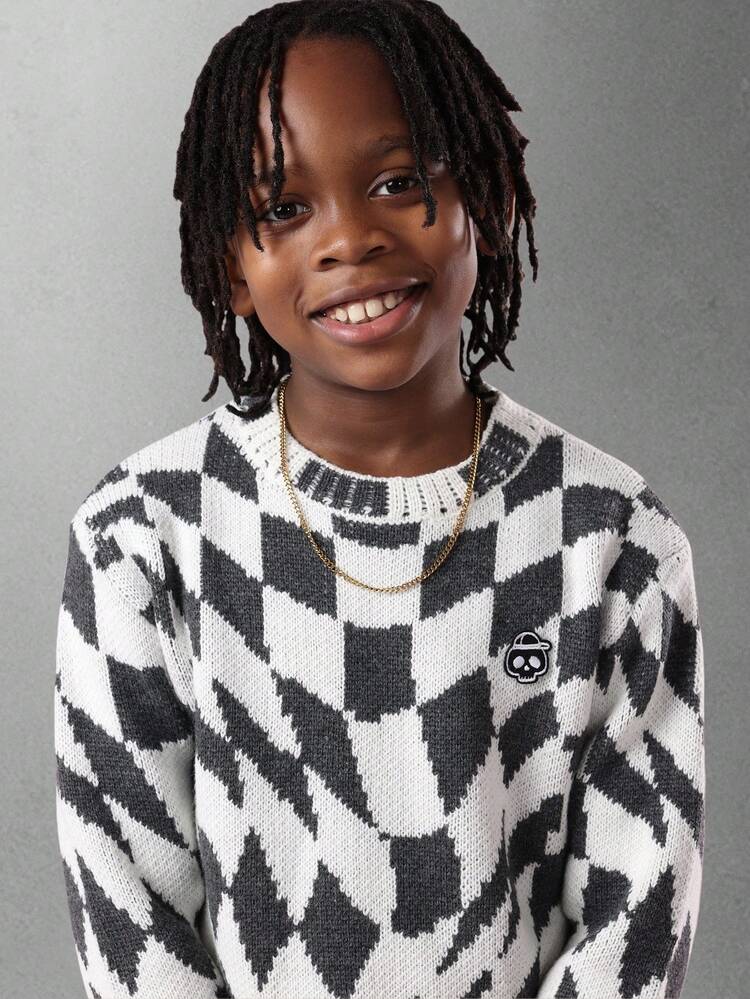 Geometric Pattern Knit Sweater With Skull Logo