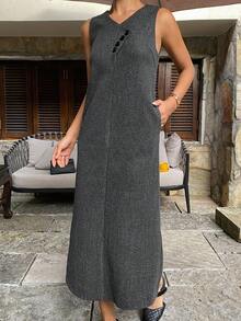 DAZY Women's Casual V-Neck Sleeveless Asymmetric Midi Dress, Solid Color, Autumn