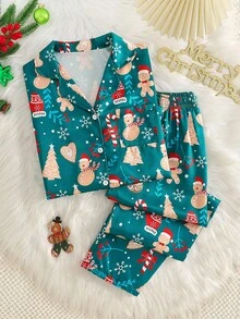 Tween Girls Christmas Pajamas Set - Ins European & American Style Flame Retardant Green Snowman & Christmas Tree Print Long Sleeve Top And Pants, Holiday Party Gift, Christmas Photo Ready!