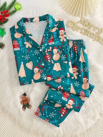 Tween Girls Christmas Pajamas Set - Ins European & American Style Flame Retardant Green Snowman & Christmas Tree Print Long Sleeve Top And Pants, Holiday Party Gift, Christmas Photo Ready!