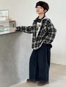 DAZY 男童宽松直筒牛仔裤，秋季街头休闲裤 - 深色水洗藍 - 查看 2