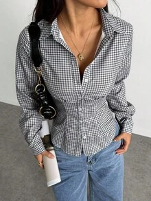 Jeanoix 女式复古格子修身性感衬衫 - 灰色 - 查看 6