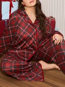 Chillnights 大码女式格子印花休闲舒适翻领长袖上衣和裤子睡衣套装，秋冬家居服套装，红色睡衣套装，西部牛仔睡衣套装，秋季服装，舒适套装，圣诞节 - 紅色 - 查看 1