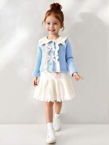 SHEIN 女宝宝公主风蝴蝶结针织套装秋冬圆领3D麻花毛衣+百褶裙两件套甜美可爱 - 淺藍色 - 查看 3